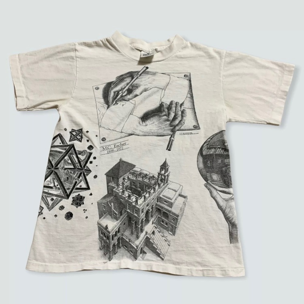 Vintage MC Escher Size M Graphic Art All Over Single Stitch Andazia Made in USA